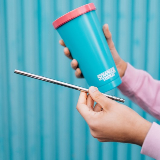 STRANGER THINGS RINK-O-MANIA STEEL TUMBLER WITH STRAW