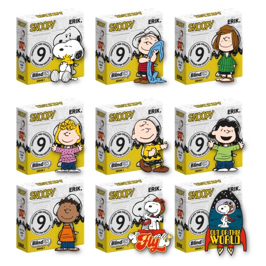 DISPLAY OF 24 SNOOPY SERIES 1 COLLECTIBLE MYSTERIOUS PINS