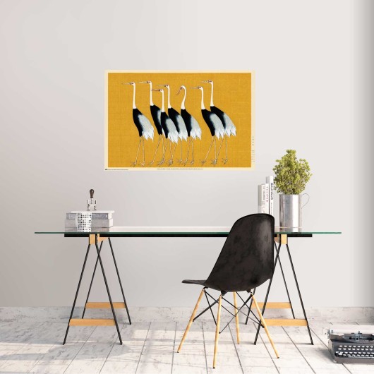 POSTER FLOCK OF BEAUTIFUL JAPANESE RED CROWN CRANE BY O. KORIN
