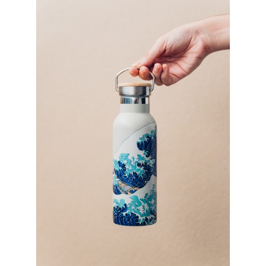 BOTTIGLIA METALICA CON MANICO HOKUSAI LA GRANDE ONDA DI KANAGAWA